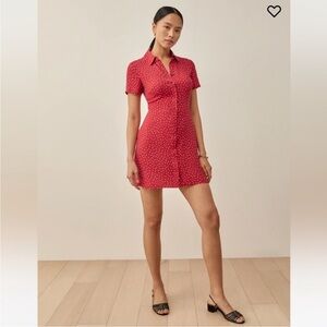 Reformation Noble Dress red white polka dot short sleeve button down size 8